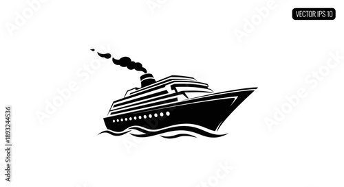 Black and White Cruise Ship Illustration with Smoke.