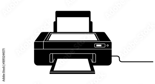 Black and white illustration of a modern printer device.