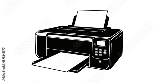 Black and white illustration of a modern inkjet printer.