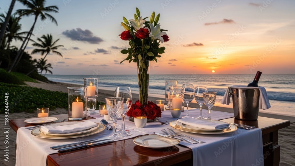Fototapeta premium A romantic dinner setup on a beach with a sunset in the background.