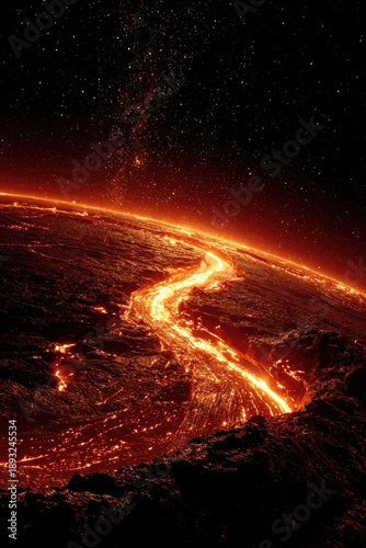 High-Intensity Sci-Fi Scene of an Extraterrestrial Planet with Lava-Filled Crater and Barren Geology
