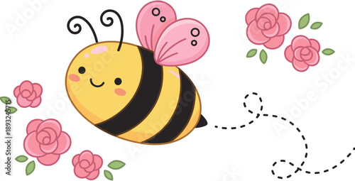 Cute cartoon honey bee character with pink wings flying among roses for springtime nature garden and children's nursery wall art concepts