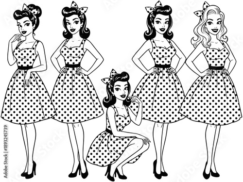 Set of retro pin-up girl illustrations in polka dot dresses with vintage hairstyles for 1950s fashion and classic mid-century rockabilly design concepts