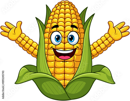 Cute cartoon corn on the cob character mascot with a happy face and open arms for harvest festival agriculture and healthy vegetable education