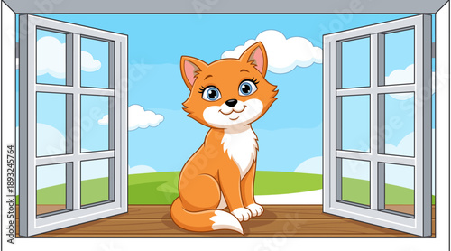 Cute ginger cat sitting by an open window with a beautiful summer landscape view for pet care children book illustration and home comfort concepts