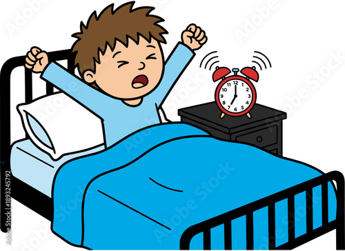 Cartoon illustration of a young boy waking up and stretching in bed with a ringing alarm clock for daily routine and morning schedule concepts