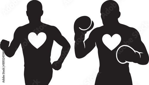 Athlete silhouette with heart shape in chest, Boxer silhouette with heart emblem on chest