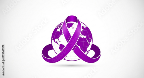 Purple ribbon wrapped around a global earth symbol on white background