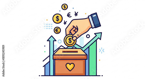 Hand putting coin into donation box with heart symbol and rising arrows