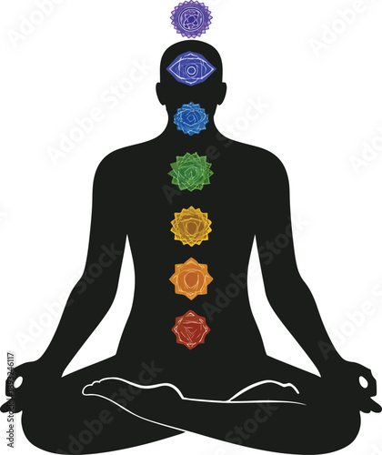 Meditating human silhouette with chakra symbols