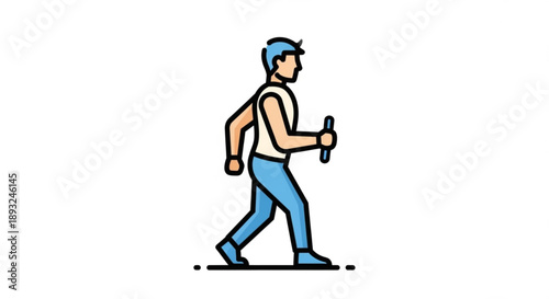 Man walking with backpack and trekking poles on white background