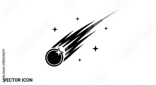 Black Comet Icon Streaking Through Space with Stars.