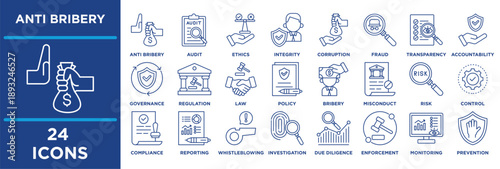 Anti Bribery icon set illustrating  integrity, corruption, fraud, transparency and trust. outline editable vector
