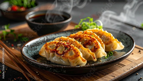 Japanese-style dumplings (gyoza), both fried and steamed, beautifully plated on a ceramic Japanese plate. Minimalist presentation, soft natural lighting, realistic food photography, detailed textures