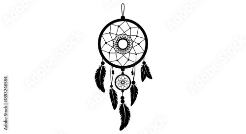 Black Dreamcatcher with Feathers and Intricate Web Design.