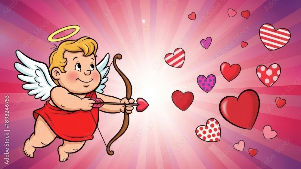 Fototapeta premium A cute cartoon angel with wings, a bow, and arrows, shooting hearts from his bow. The background is a gradient of pink and purple with hearts and stars scattered around.