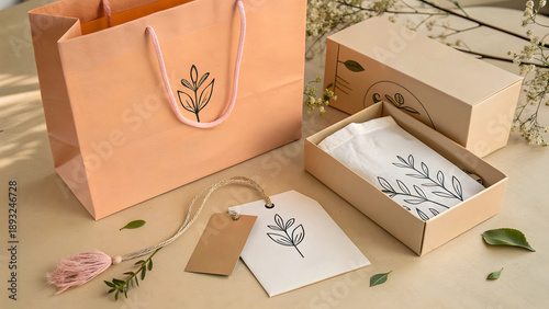 Peach colored shopping bag and brown box with leaf on a table with twine and tag leaf packaging mockup