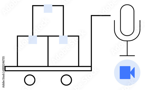 Logistics, online delivery, communication technology, e-commerce, media, audio recording. Minimalist graphic of boxes on a cart with a microphone and video icon. Logistics and communication