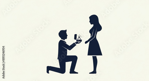 Man proposing to woman with ring on one knee silhouette illustration