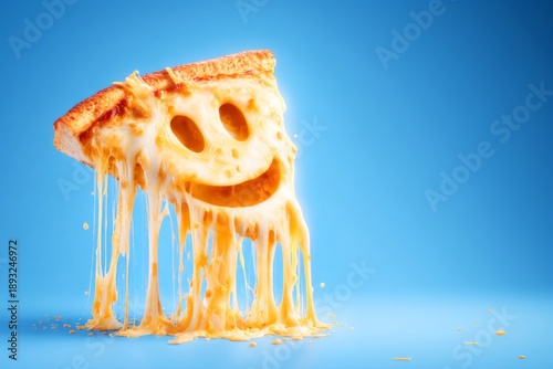 Cheese Pizza Slice with Smiley Face Melted Cheese Illustration on Bright Blue Background