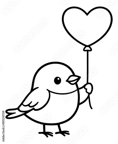 Line art illustration of a cute bird depicting holding a heart-shaped balloon for Valentine's Day