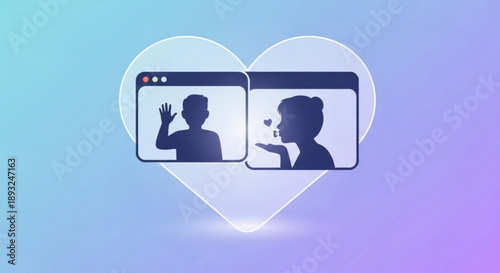 Online dating concept with heart shaped screens and silhouettes