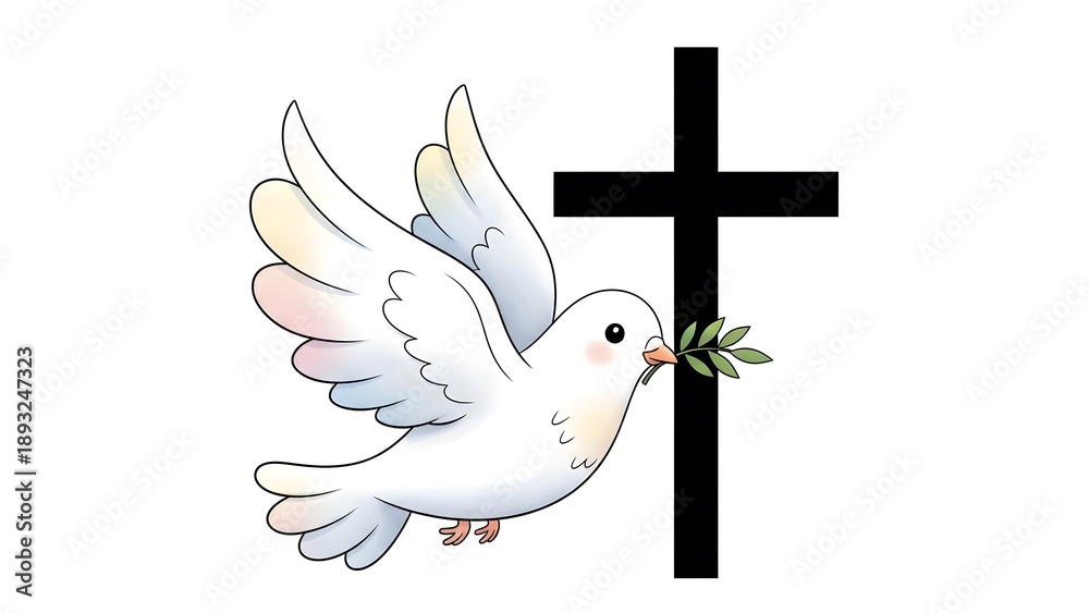 Fototapeta premium Happy easter sunday greeting with white dove holding olive branch in front of black cross symbolizing peace and resurrection