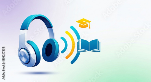 E learning concept with headphones book and graduation cap on white background