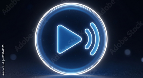 Glowing blue neon play button icon on dark background with sound waves