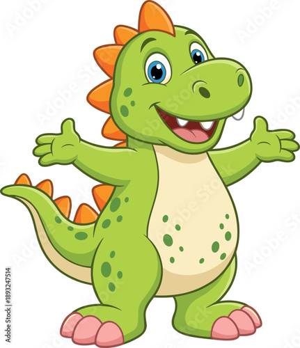 Cute green dinosaur cartoon character with orange spikes standing with arms open and smiling isolated on white background vector illustration
