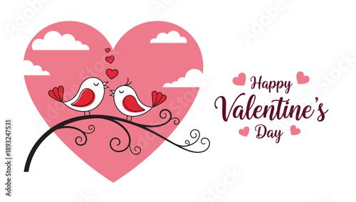Happy Valentine's Day greeting card with two cute love birds on a branch with pink heart and clouds vector illustration