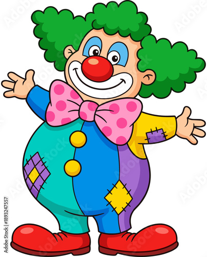 Happy friendly circus clown cartoon character wearing colorful patchwork suit and pink polka dot bowtie isolated on white background for kids
