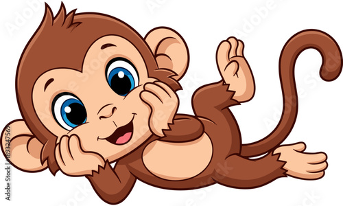 Cute cartoon baby monkey laying down and smiling, adorable primate character illustration, cheerful jungle animal mascot on white background, playful