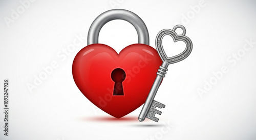 Red heart shaped padlock with key on white background symbolizing love and security
