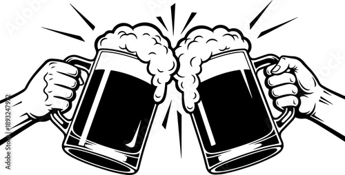Cheers with Craft Brews: Two hands raise a toast with mugs of beer in a classic display of revelry, perfect for celebrating friendships and good times.