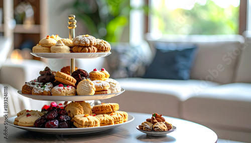 Assorted pastries and desserts on a three-tiered serving dish in a cozy living room.