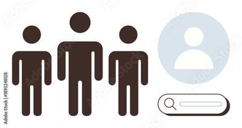 User identification, online search, digital identity, profile management, recruitment process, social networking. Three person icons, profile symbol search bar visible. User identification