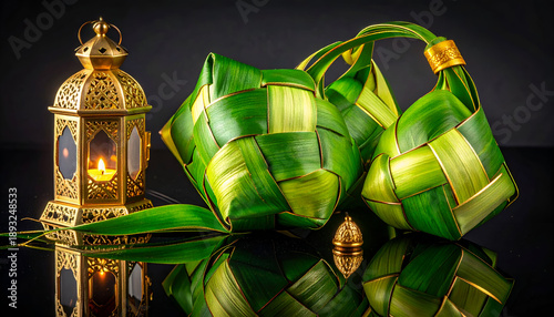 Traditional Ketupat or Tupat woven rice pack with lantern.