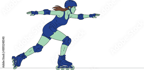 Young woman roller skating in full protective gear wearing helmet and pads for outdoor fitness activity isolated flat vector illustration