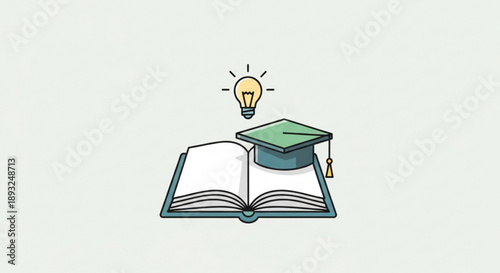 Graduation cap on open book with lightbulb idea education concept