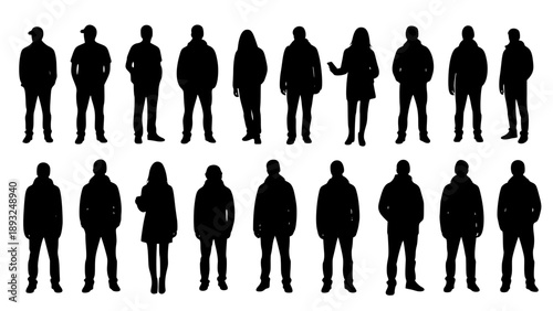 Vector silhouettes man and women, illustration. Silhouettes of people posing in warm winter clothes. Transparent SVG version.
