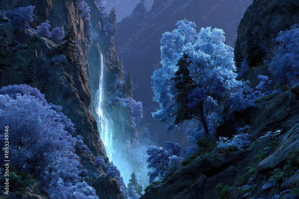 Obraz premium Mystical Mountain Landscape with Luminous Waterfalls and Glowing Blue Trees 