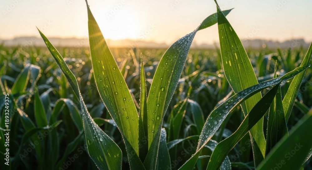 Fototapeta premium A vibrant green cornfield at sunrise with dewdrops on the leaves.