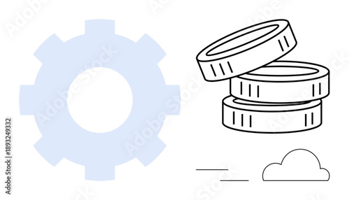 Financial growth, fintech, technology process, innovation, cloud computing, automation. Stack of coins next to a gear and cloud outline. Financial growth and fintech concept