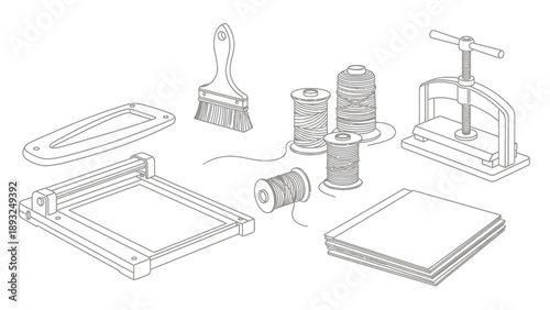Collection of bookbinding and craft tools