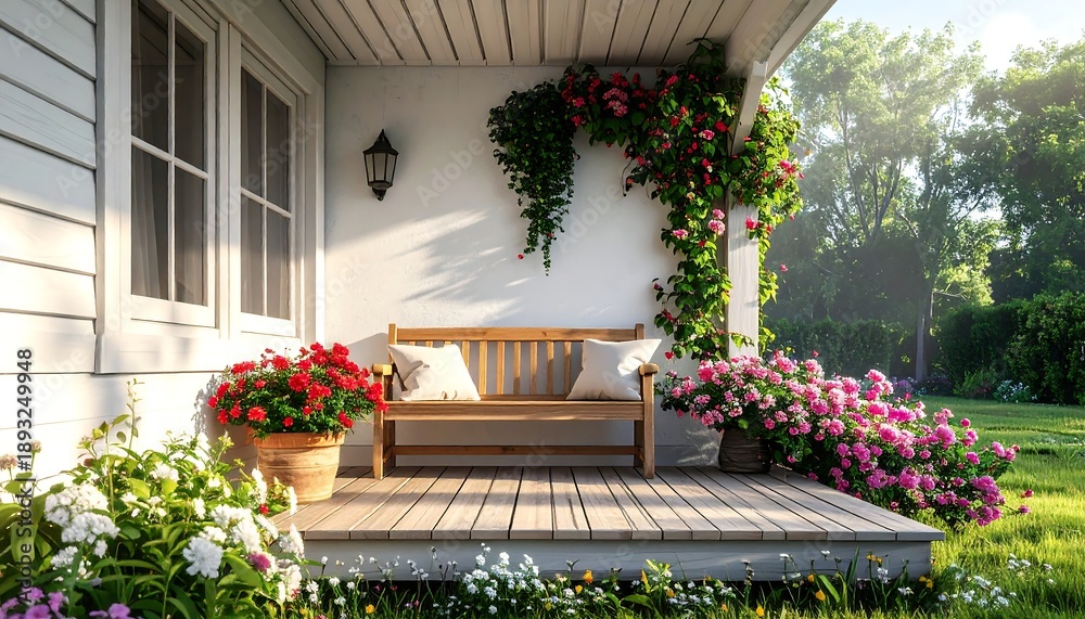Fototapeta premium Wooden bench on a porch surrounded by vibrant flowers and lush greenery, sunny day