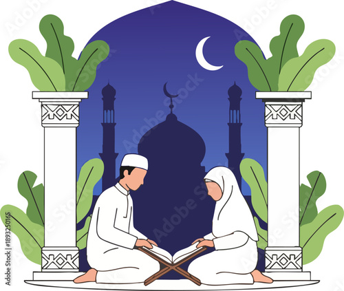 Muslim couple studying Quran in front of mosque at night.