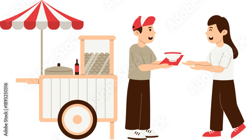 Ilustrasi Gerobak Bakso Cilok Keliling dengan Penjual dan Pembeli