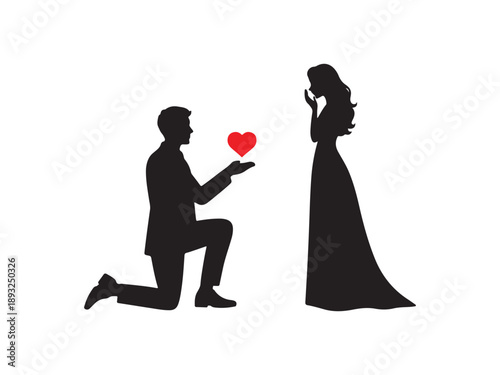 Man proposing to woman with heart shaped gift silhouette