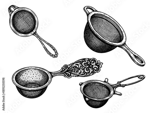 Loose leaf tea strainer engraving illustration for tea branding